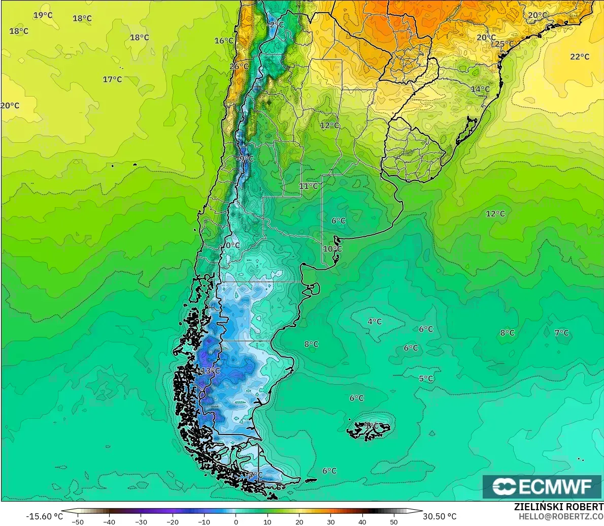 ECMWF IFS 0.25° モデル - アルゼンチン, 気温（2m）