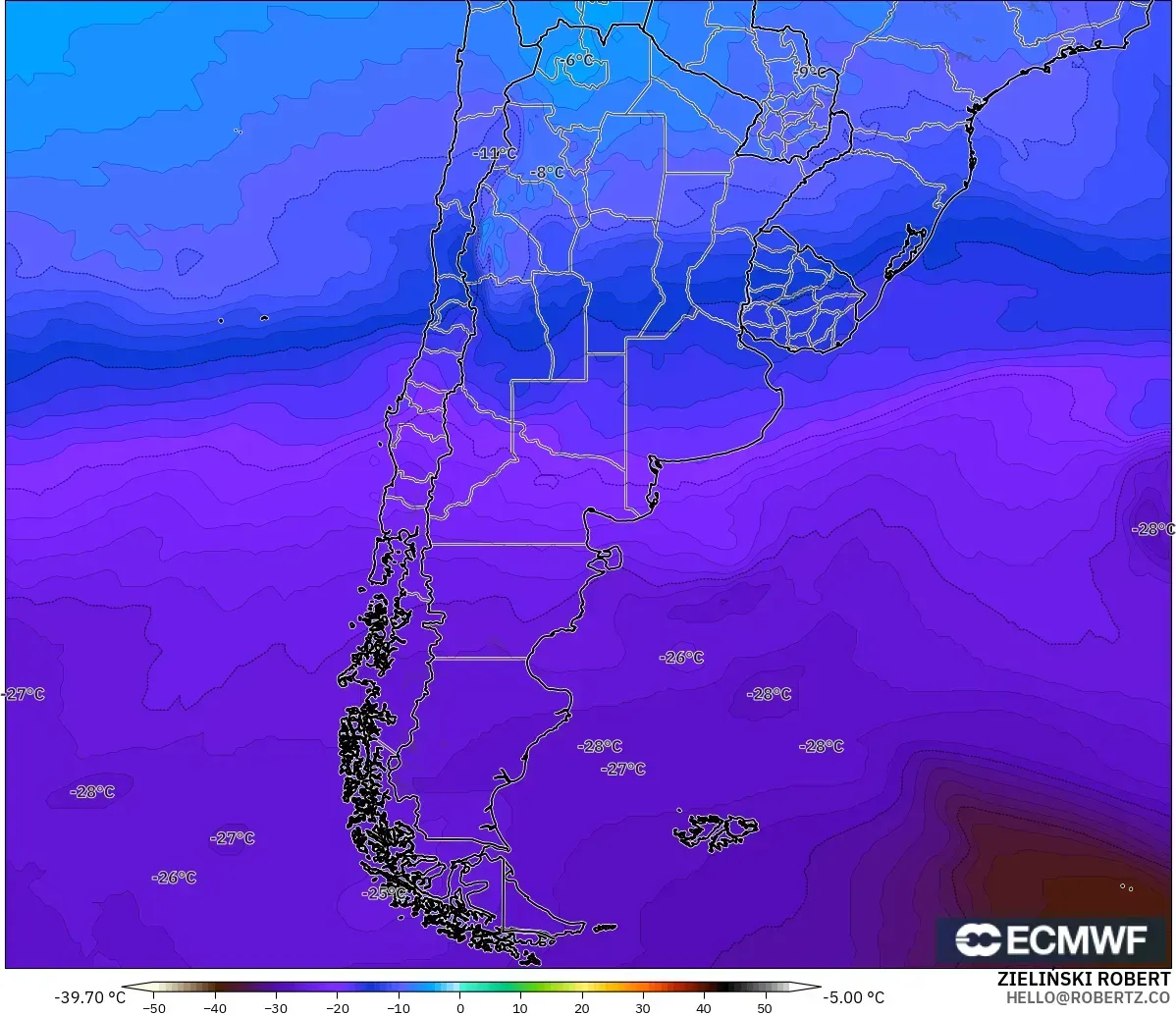 ECMWF IFS 0.25° モデル - アルゼンチン, 気温（500hPa）