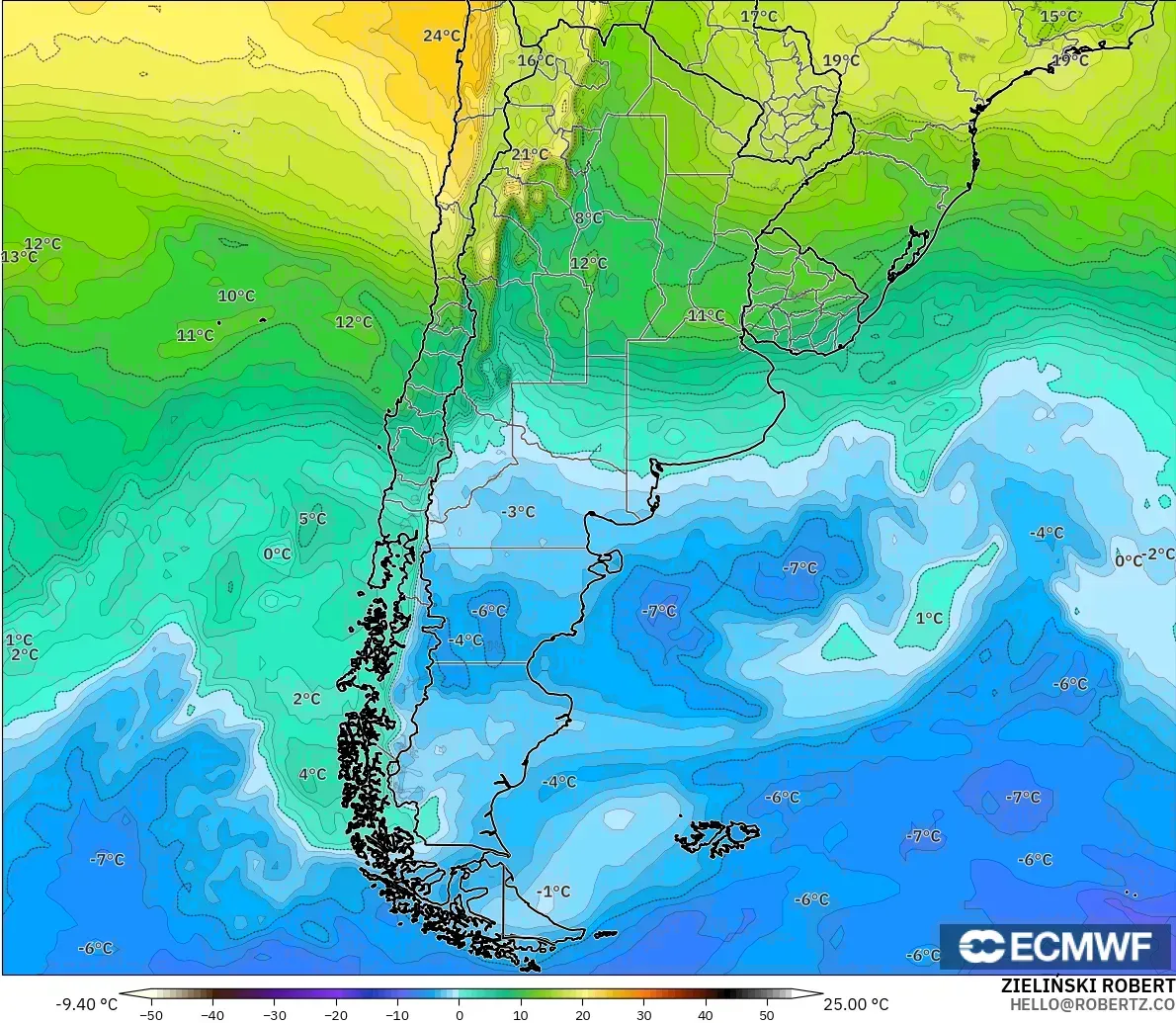 ECMWF IFS 0.25° モデル - アルゼンチン, 気温（850hPa）
