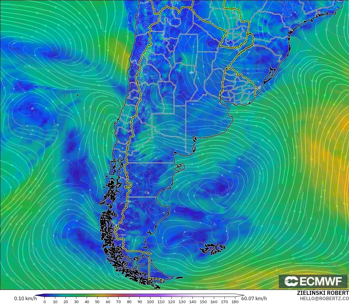 ECMWF IFS 0.25° モデル - アルゼンチン, 風速（10m）