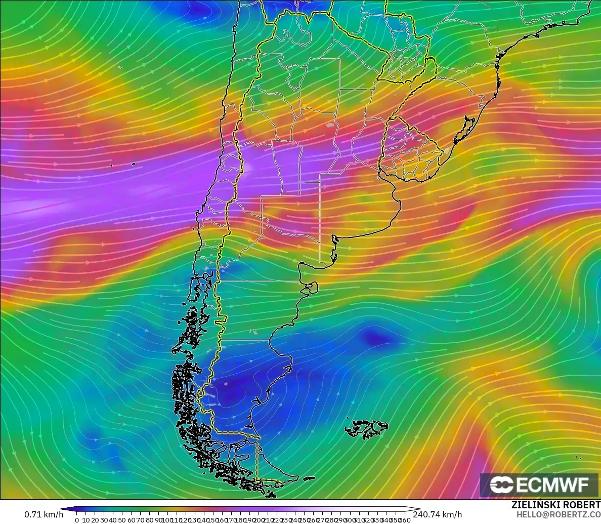 ECMWF IFS 0.25° モデル - アルゼンチン, 風速（300hPa）