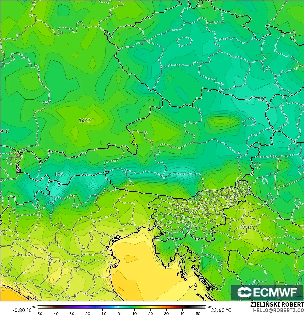 ECMWF IFS 0.25° モデル - オーストリア, 露点温度（2m）