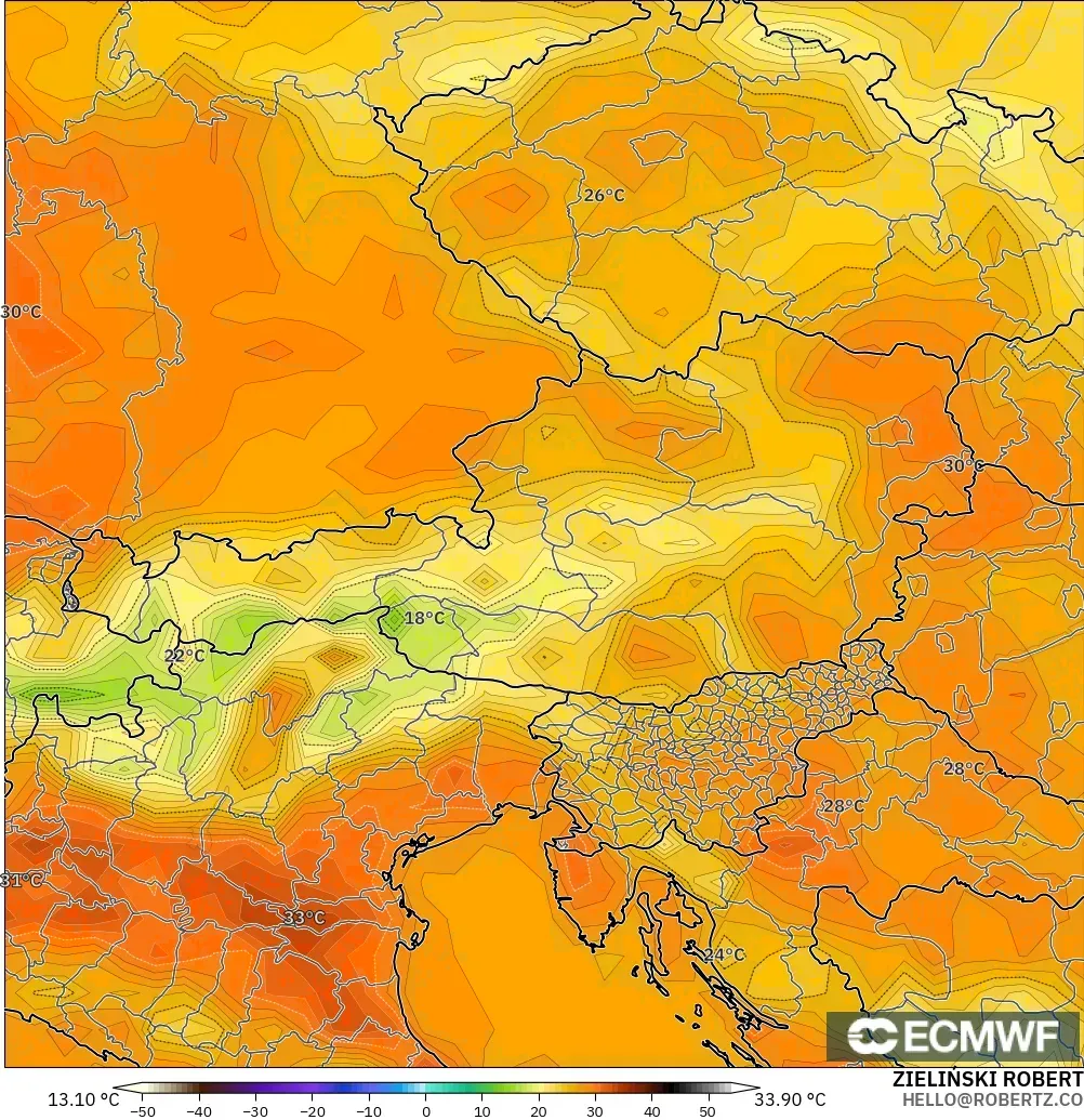 ECMWF IFS 0.25° モデル - オーストリア, 気温（2m）