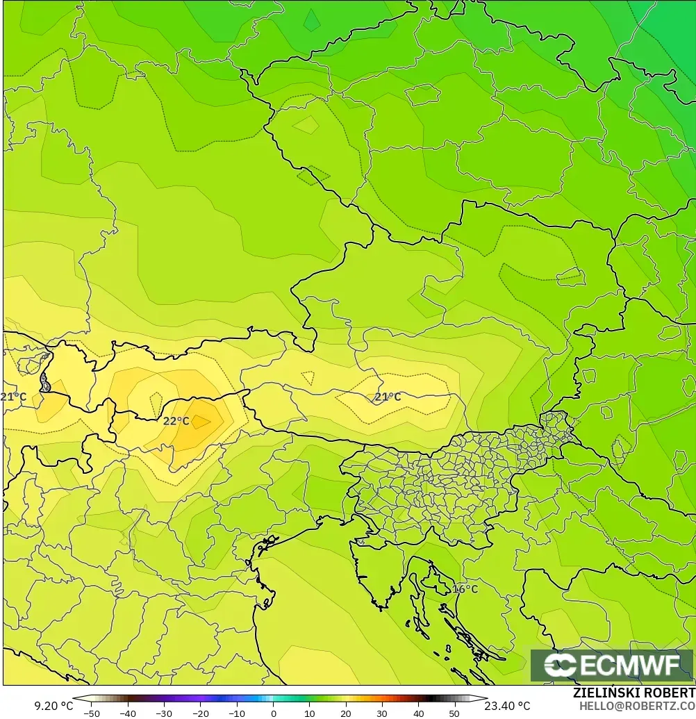 ECMWF IFS 0.25° モデル - オーストリア, 気温（850hPa）