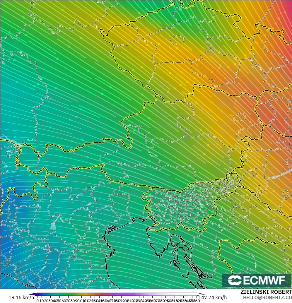 ECMWF IFS 0.25° モデル - オーストリア, 風速（300hPa）