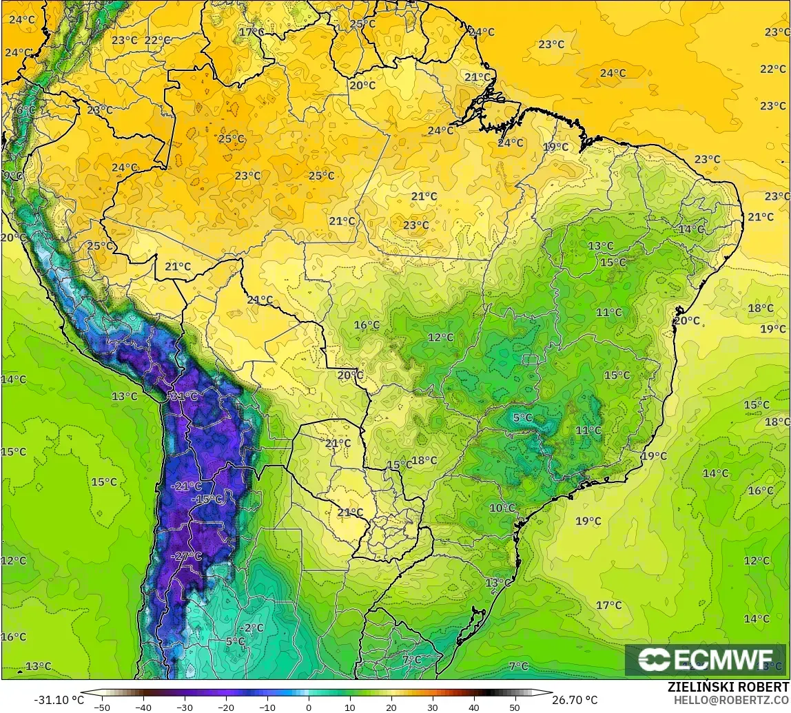 ECMWF IFS 0.25° モデル - ブラジル, 露点温度（2m）