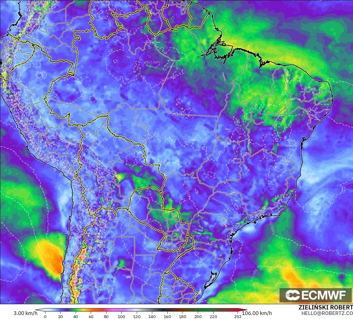 ECMWF IFS 0.25° モデル - ブラジル, 突風（最大）