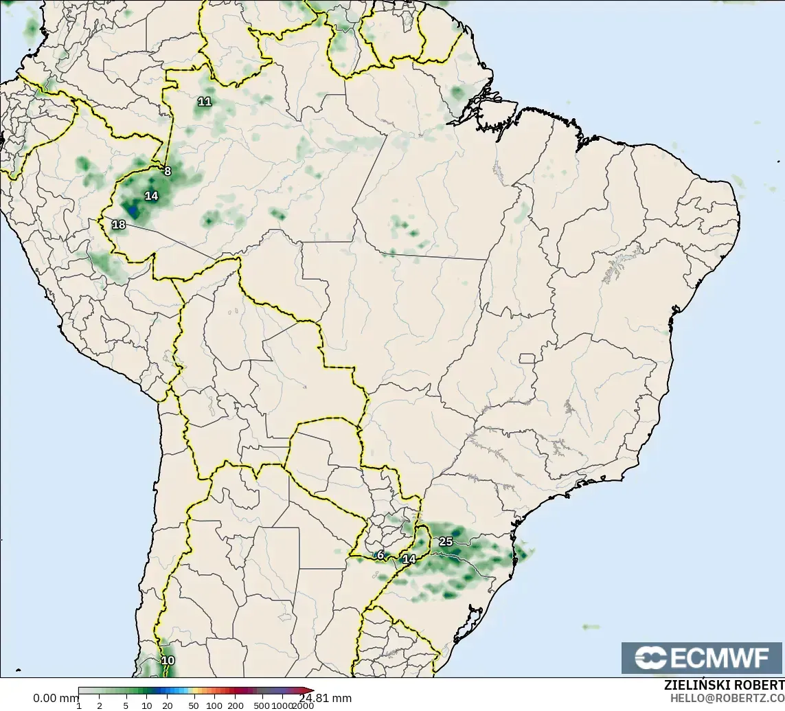 ECMWF IFS 0.25° モデル - ブラジル, 降水量の合計