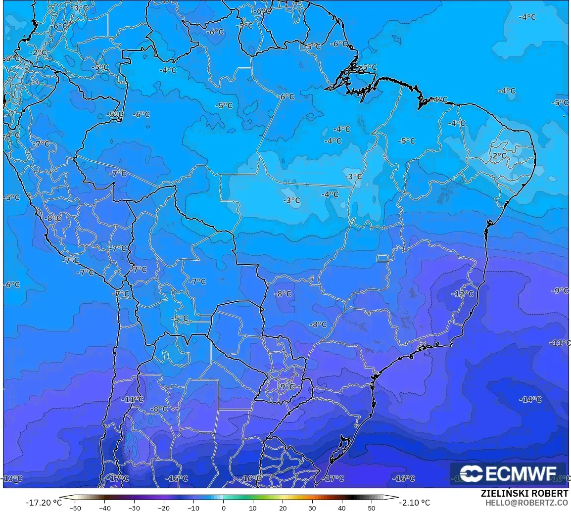 ECMWF IFS 0.25° モデル - ブラジル, 気温（500hPa）