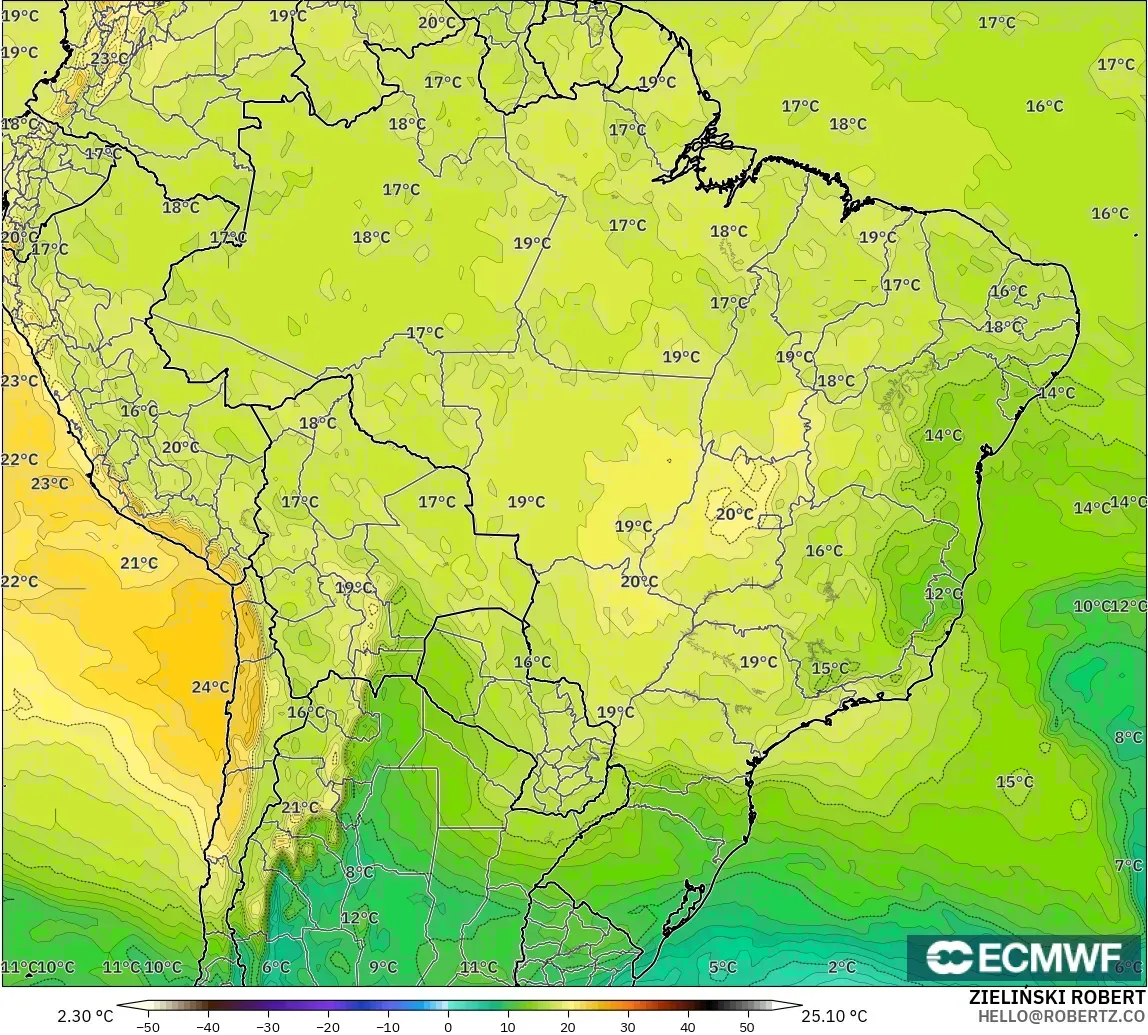 ECMWF IFS 0.25° モデル - ブラジル, 気温（850hPa）