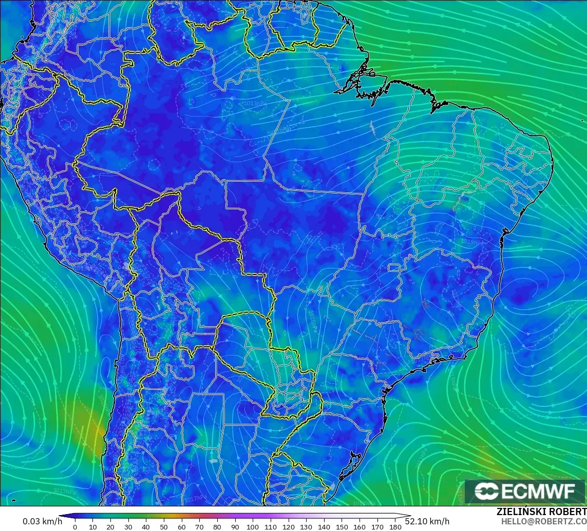 ECMWF IFS 0.25° モデル - ブラジル, 風速（10m）