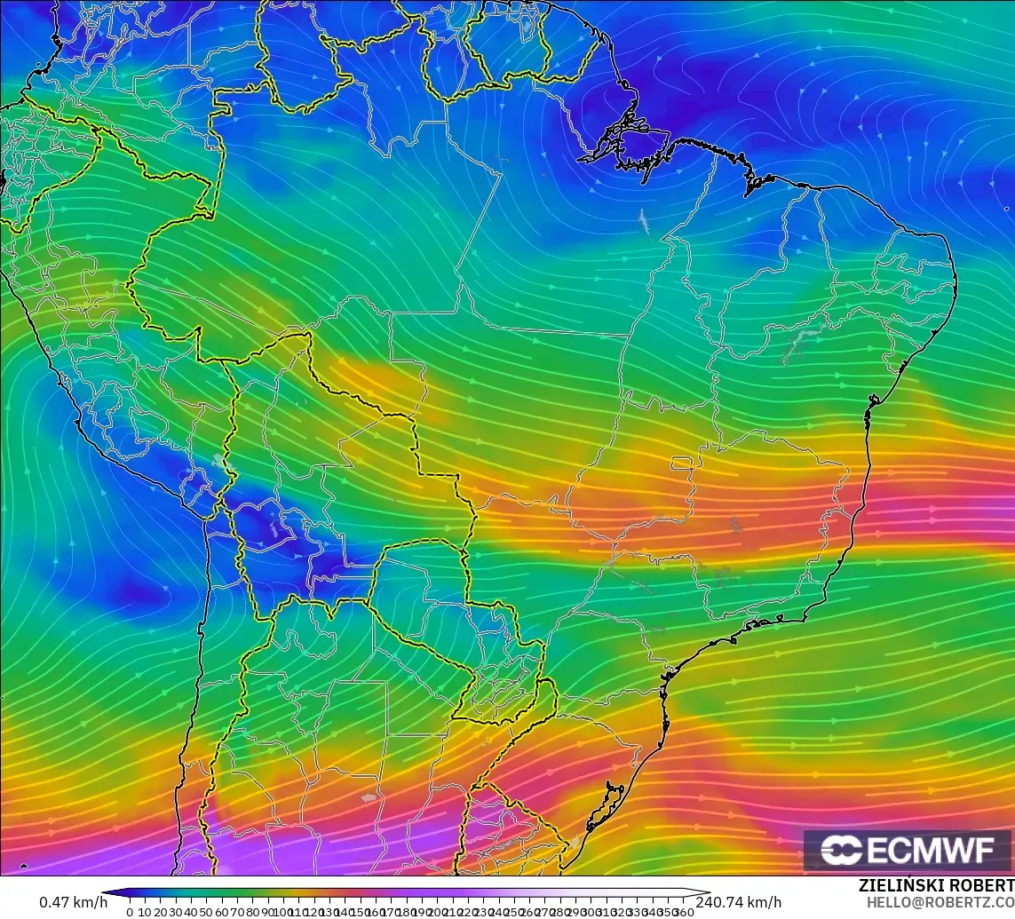ECMWF IFS 0.25° モデル - ブラジル, 風速（300hPa）