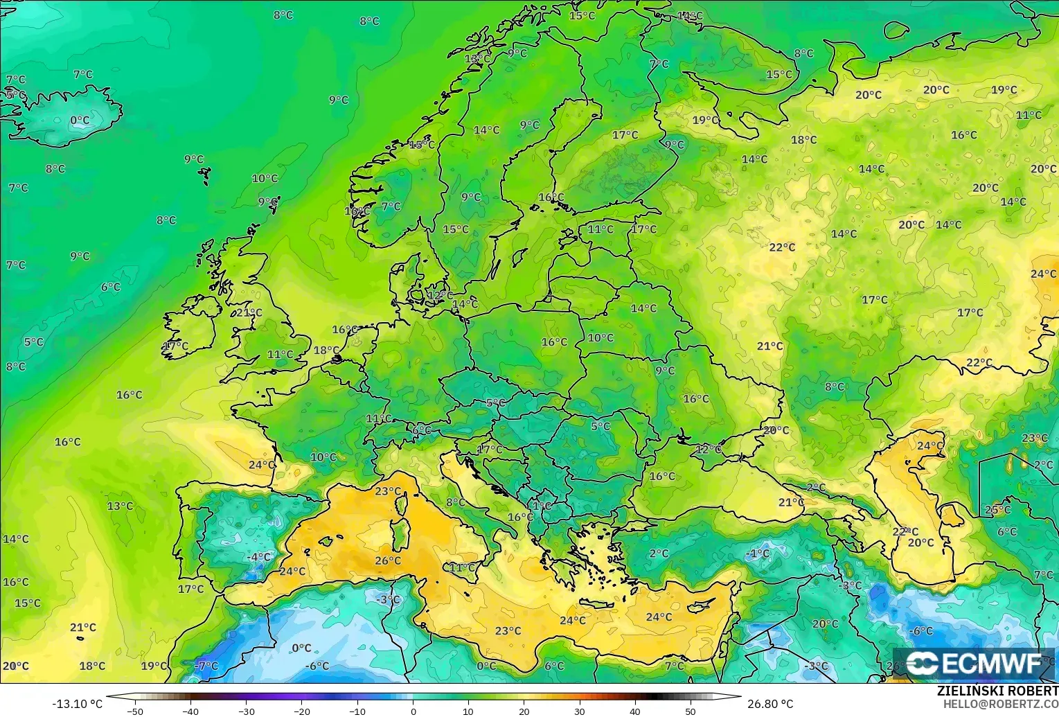 ECMWF IFS 0.25° モデル - ヨーロッパ, 露点温度（2m）