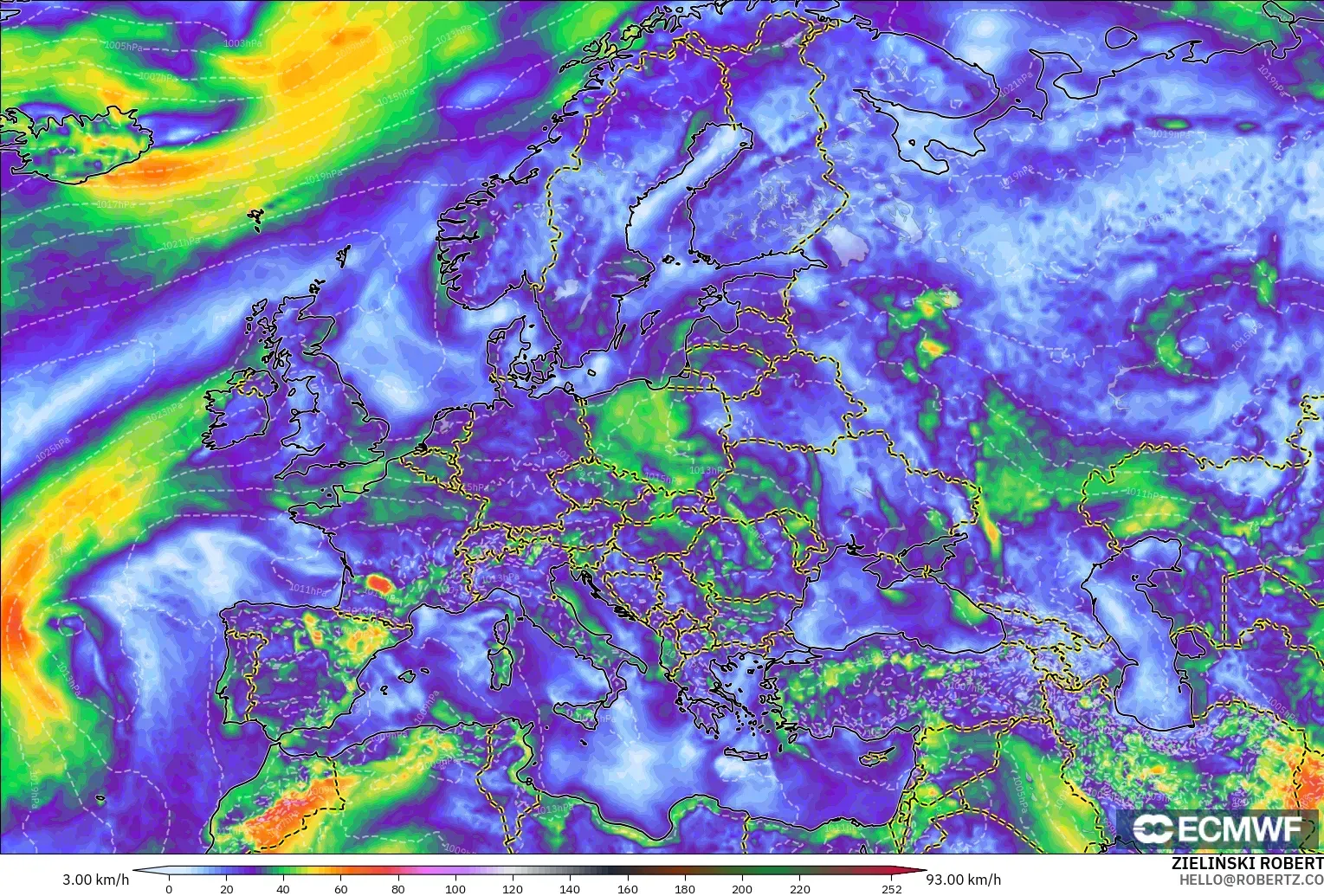 ECMWF IFS 0.25° モデル - ヨーロッパ, 突風（最大）