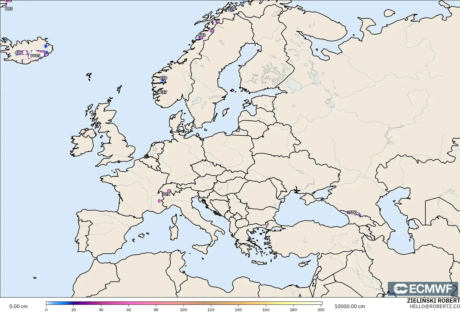 ECMWF IFS 0.25° モデル - ヨーロッパ, 積雪深