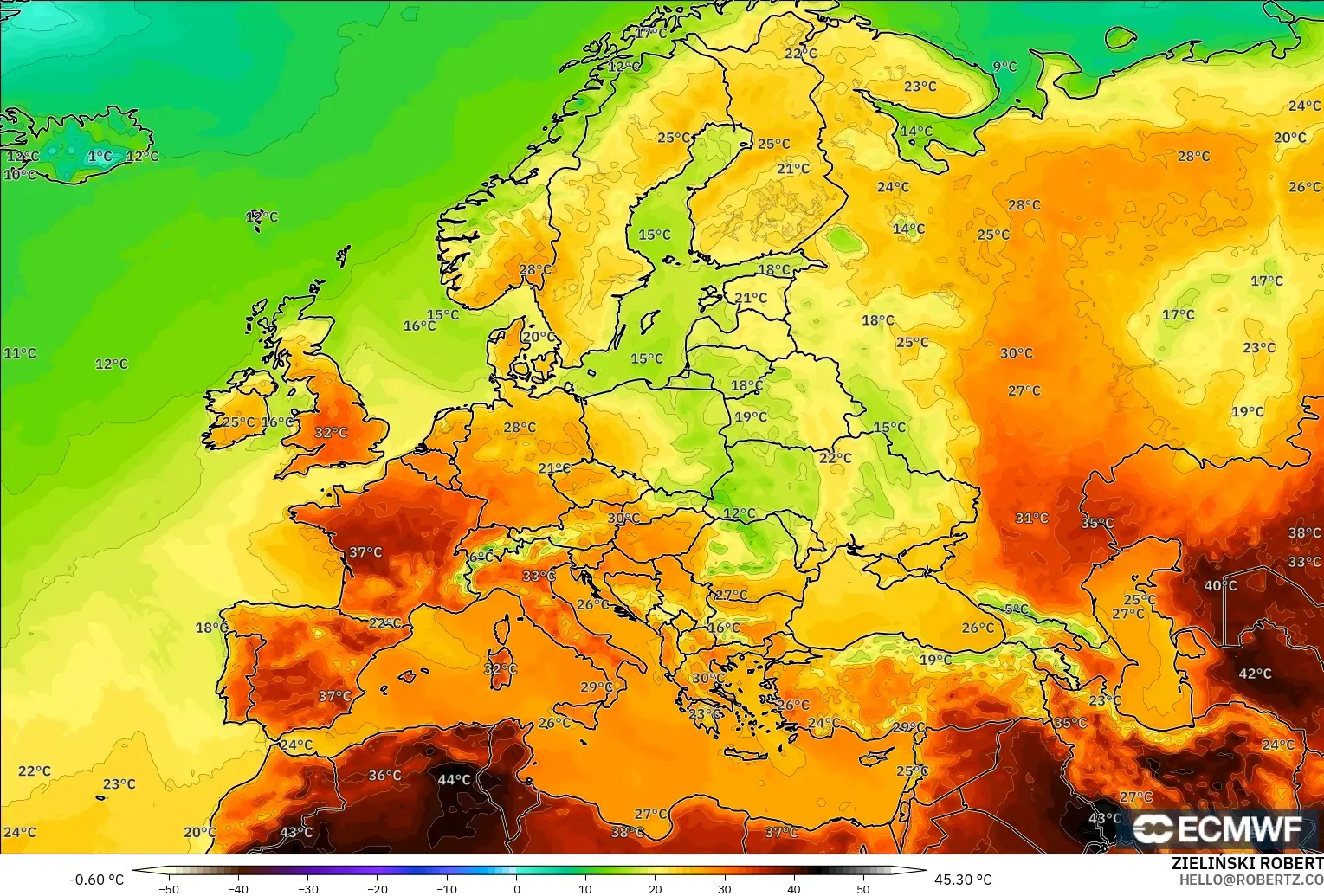 ECMWF IFS 0.25° モデル - ヨーロッパ, 気温（2m）