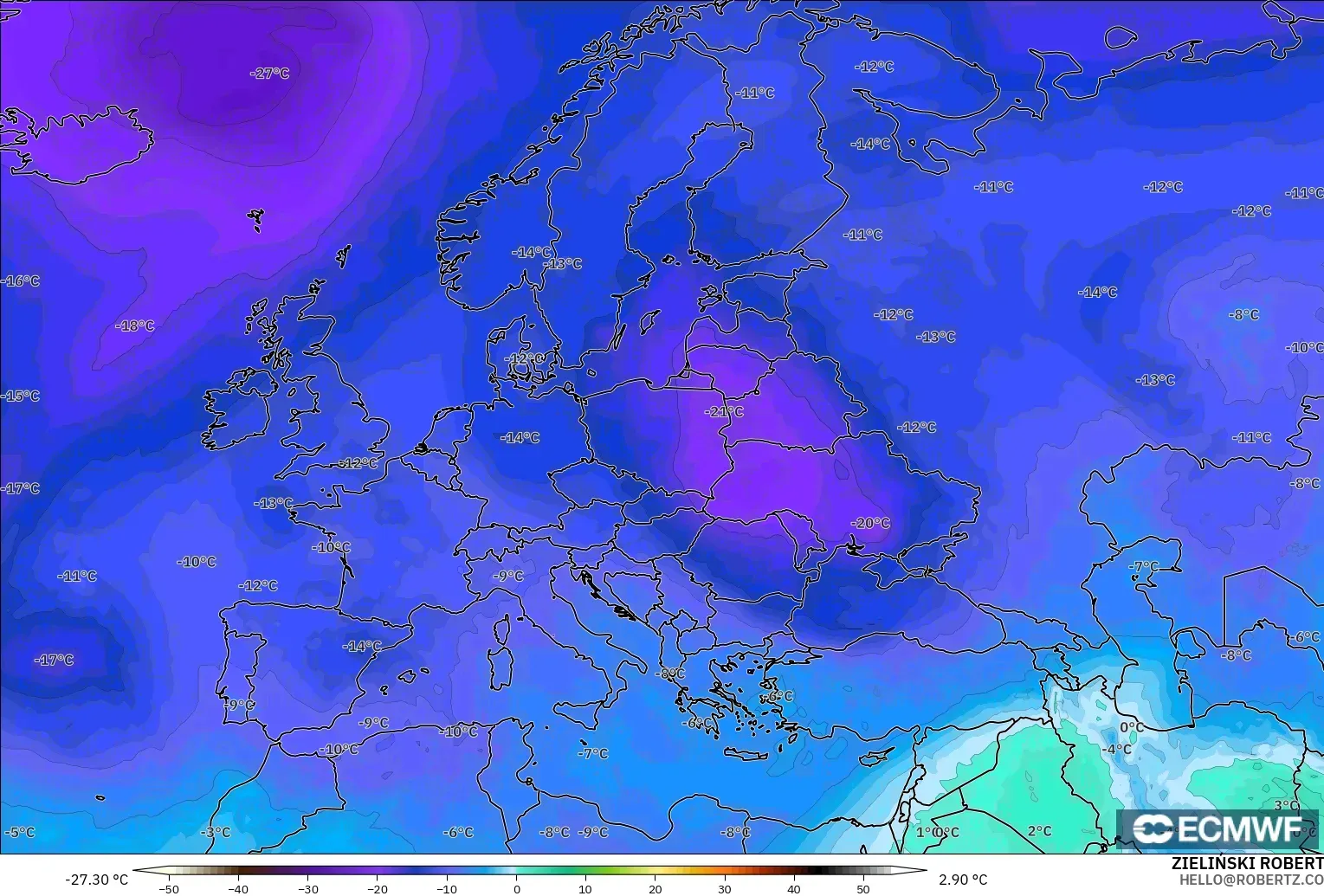 ECMWF IFS 0.25° モデル - ヨーロッパ, 気温（500hPa）