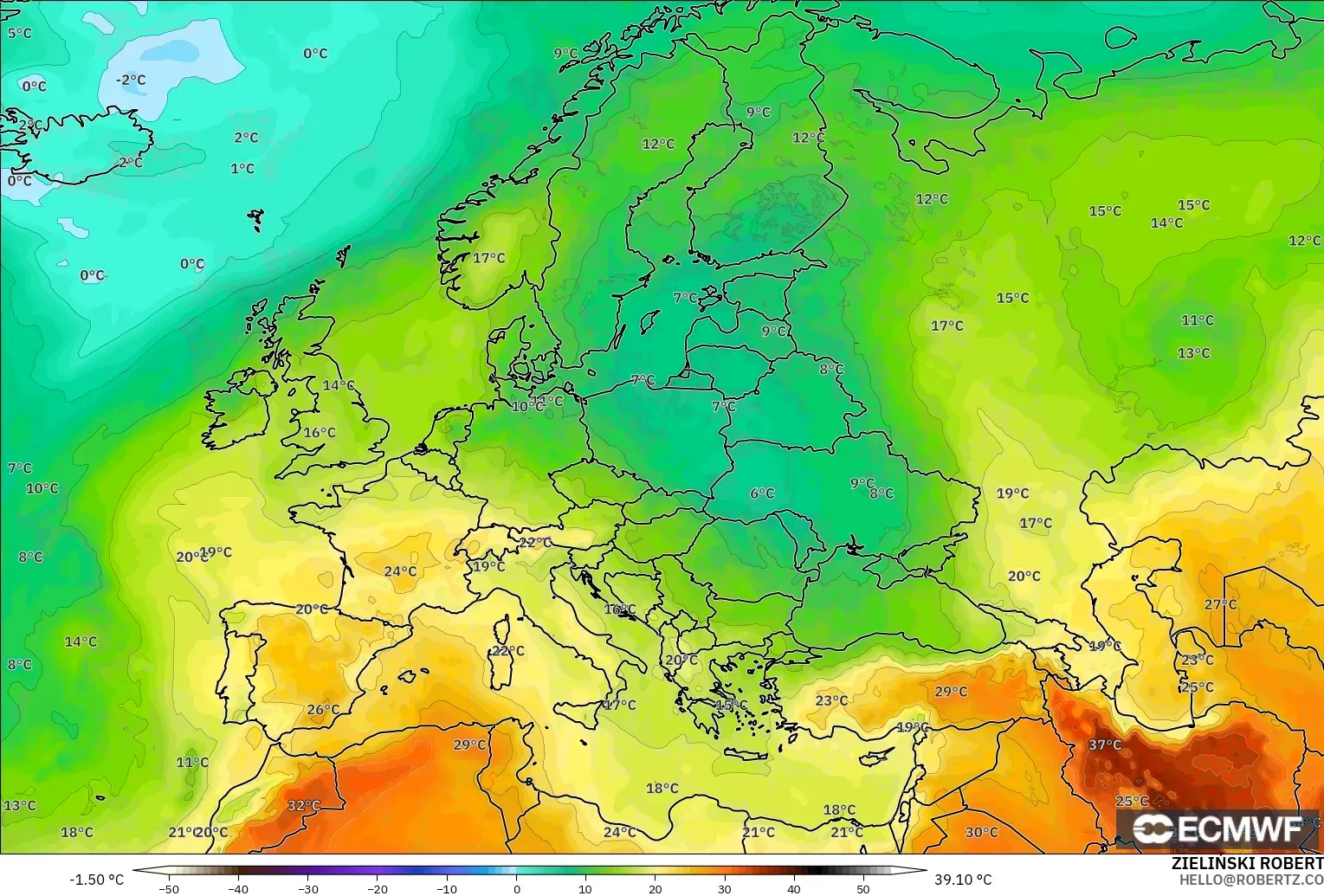 ECMWF IFS 0.25° モデル - ヨーロッパ, 気温（850hPa）