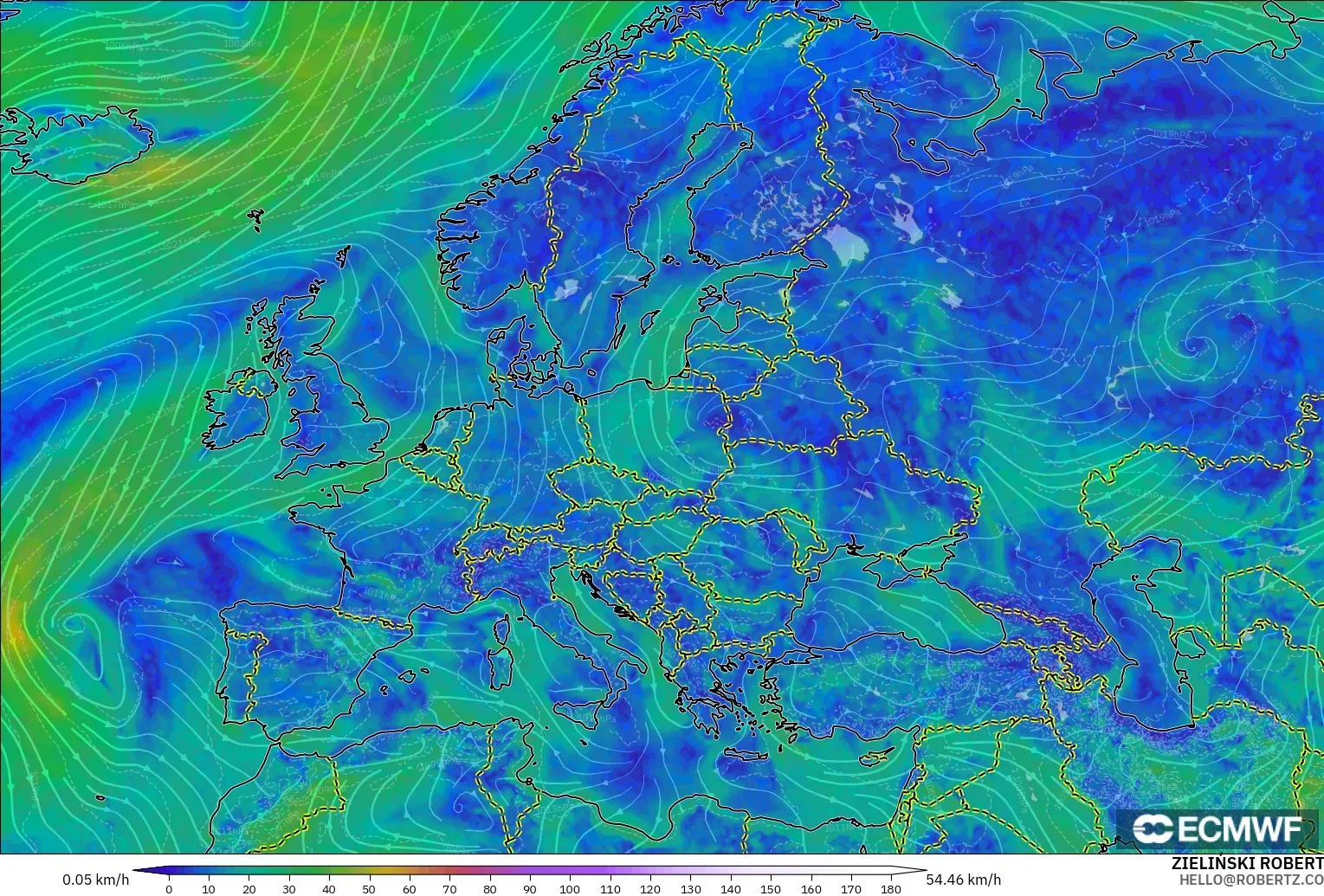 ECMWF IFS 0.25° モデル - ヨーロッパ, 風速（10m）
