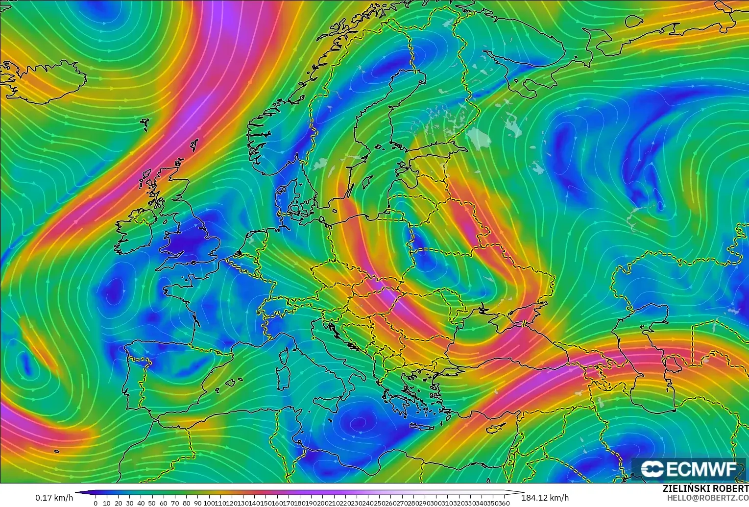 ECMWF IFS 0.25° モデル - ヨーロッパ, 風速（300hPa）
