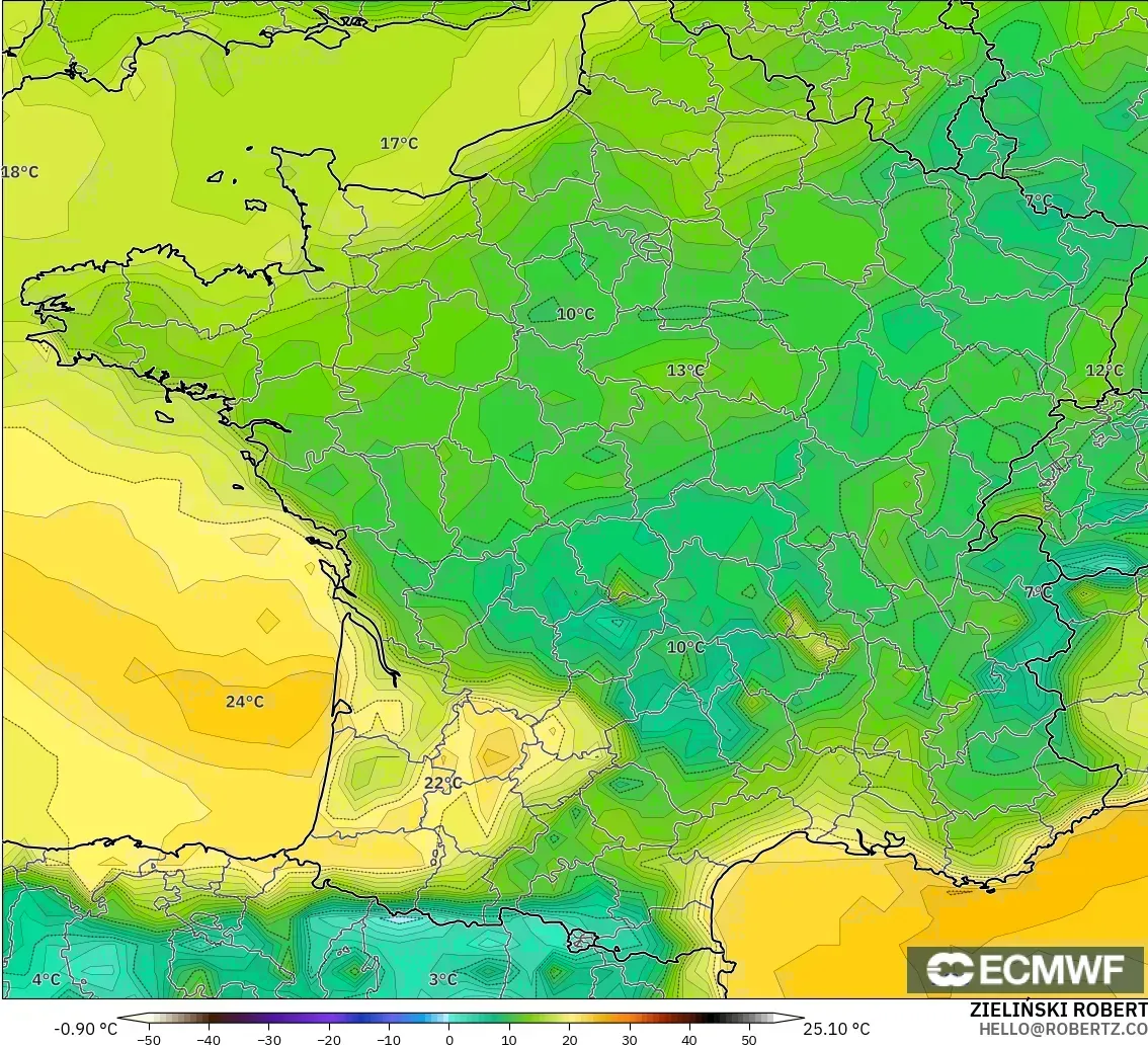 ECMWF IFS 0.25° モデル - フランス, 露点温度（2m）