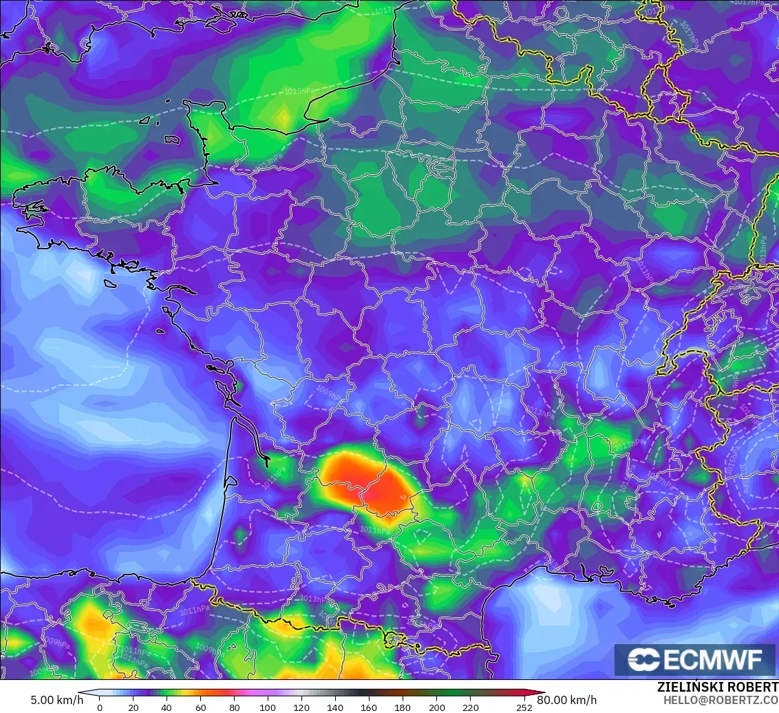 ECMWF IFS 0.25° モデル - フランス, 突風（最大）