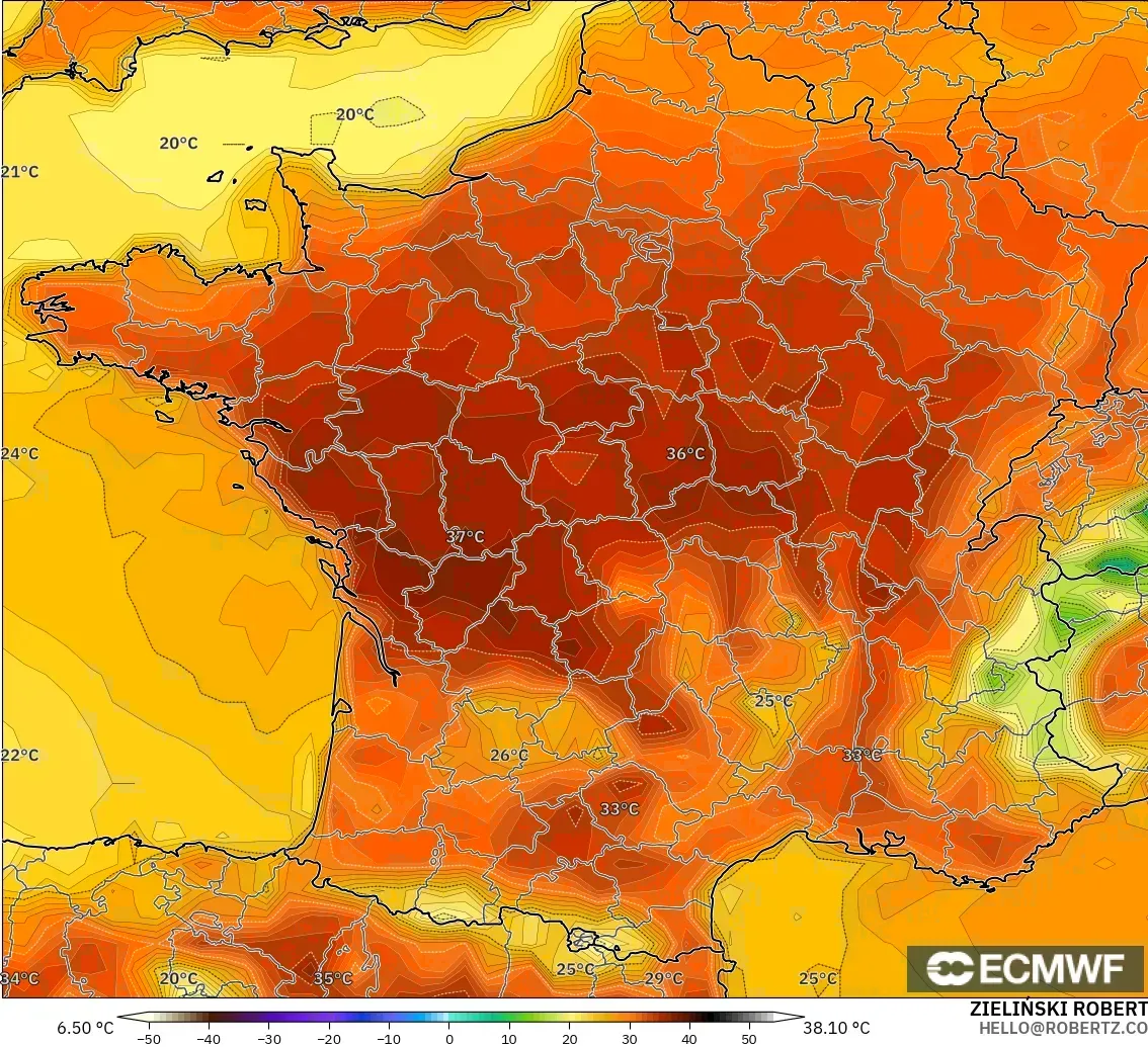 ECMWF IFS 0.25° モデル - フランス, 気温（2m）
