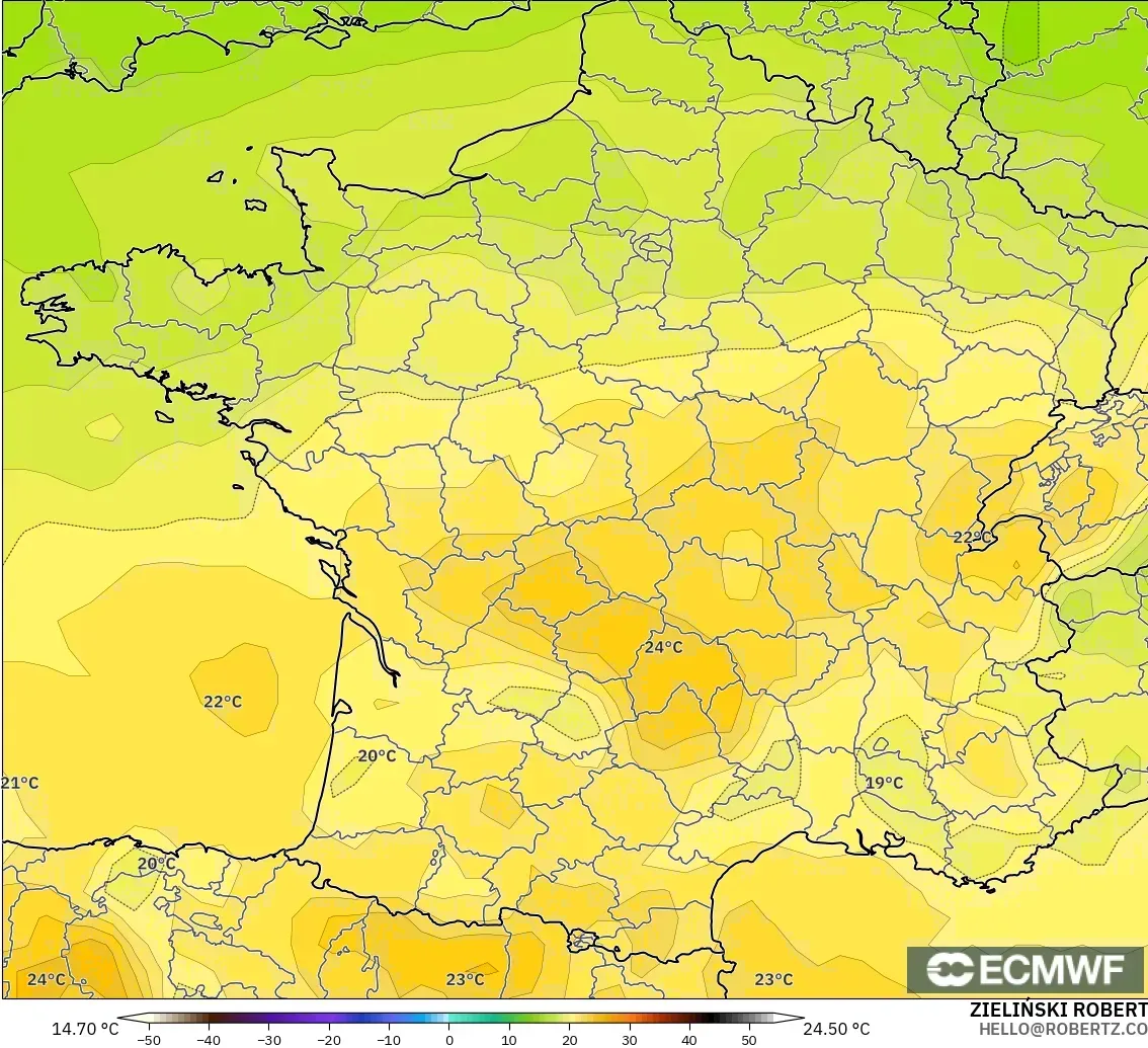 ECMWF IFS 0.25° モデル - フランス, 気温（850hPa）