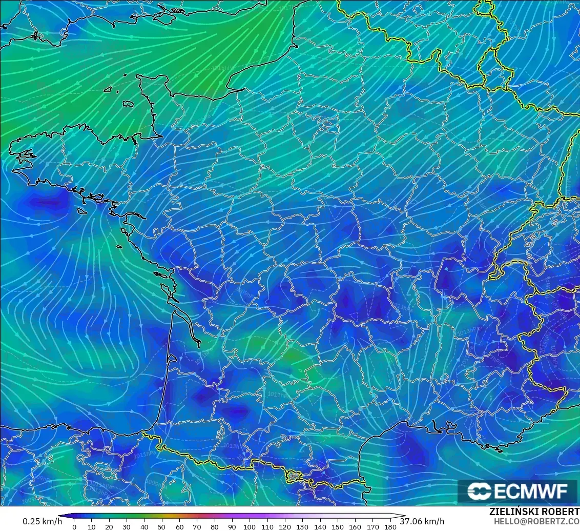ECMWF IFS 0.25° モデル - フランス, 風速（10m）