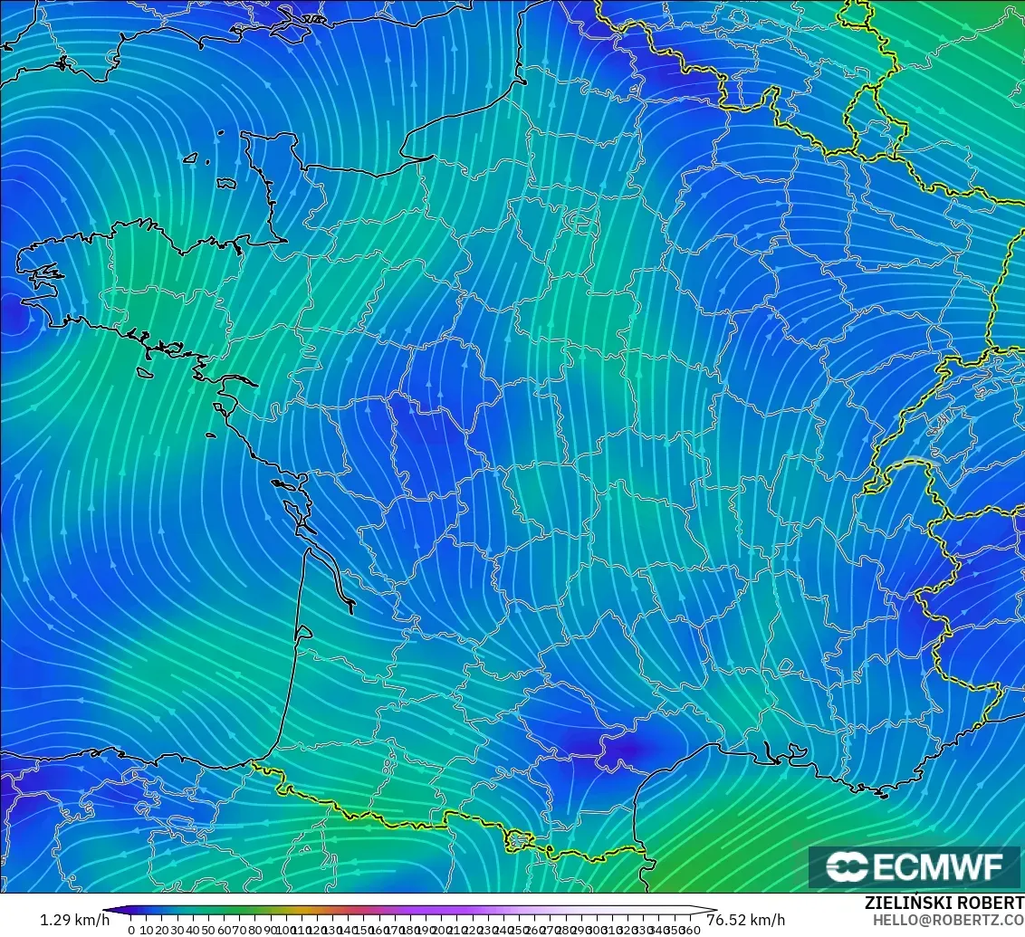 ECMWF IFS 0.25° モデル - フランス, 風速（300hPa）