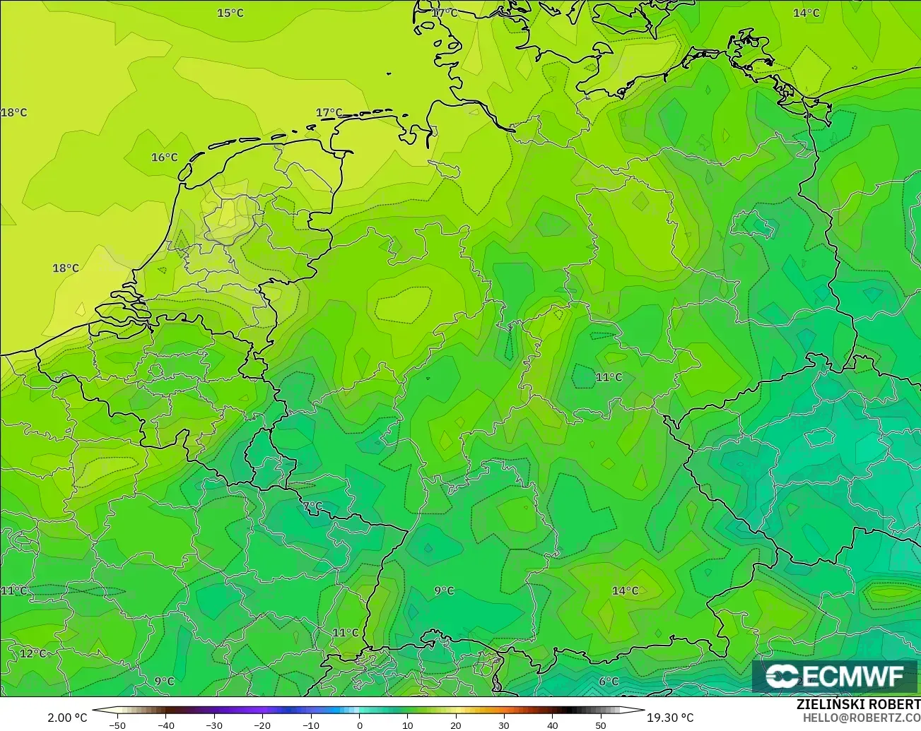 ECMWF IFS 0.25° モデル - ドイツ, 露点温度（2m）