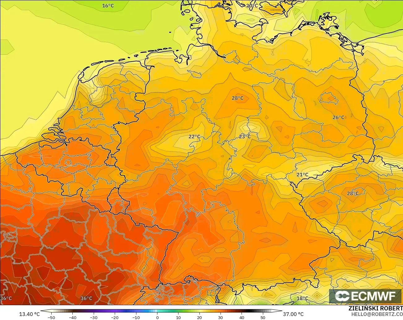 ECMWF IFS 0.25° モデル - ドイツ, 気温（2m）