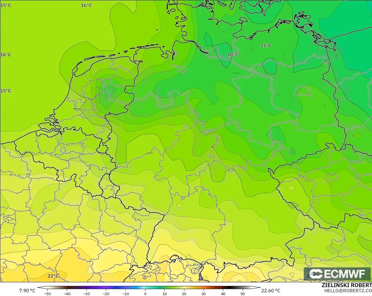 ECMWF IFS 0.25° モデル - ドイツ, 気温（850hPa）