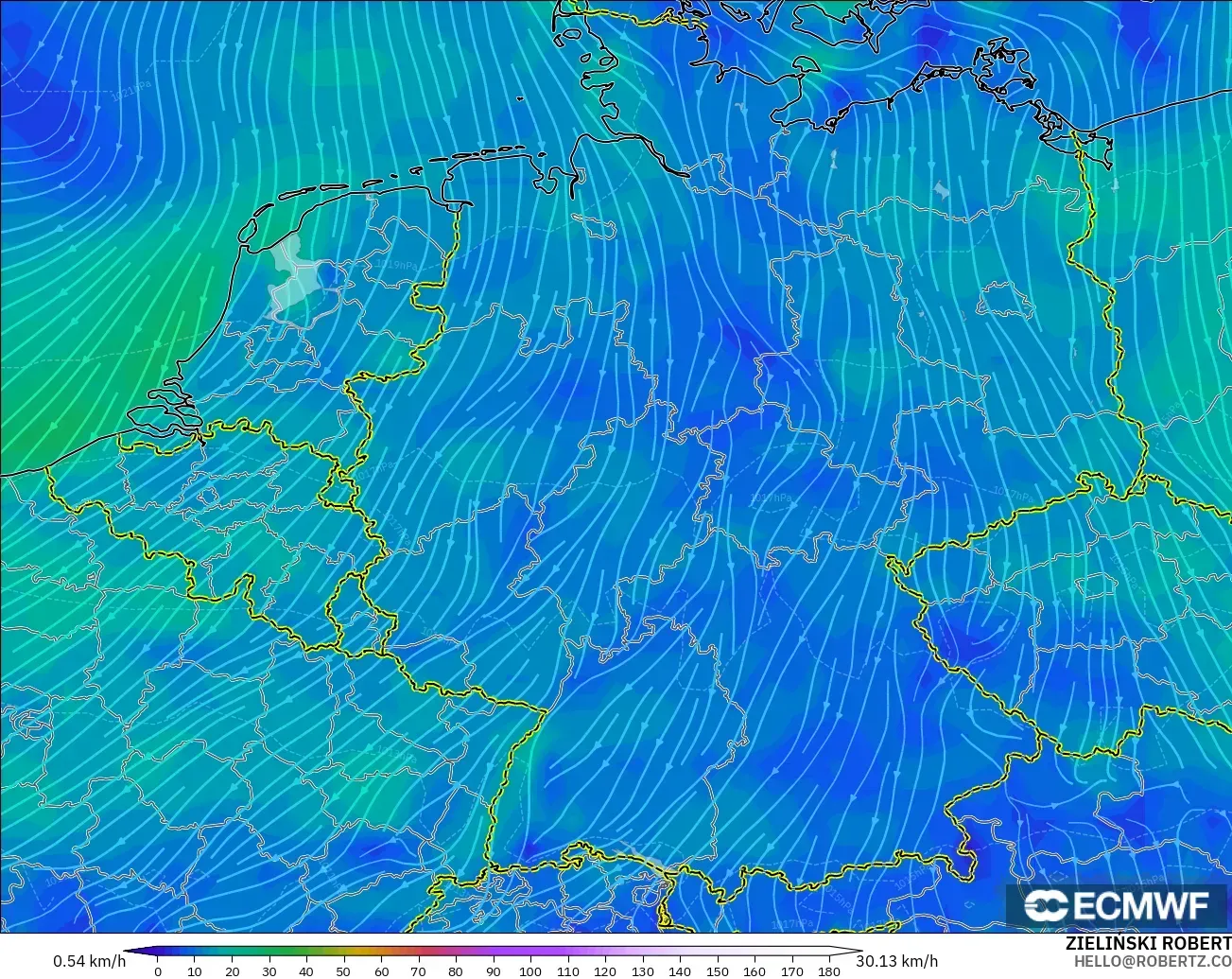 ECMWF IFS 0.25° モデル - ドイツ, 風速（10m）