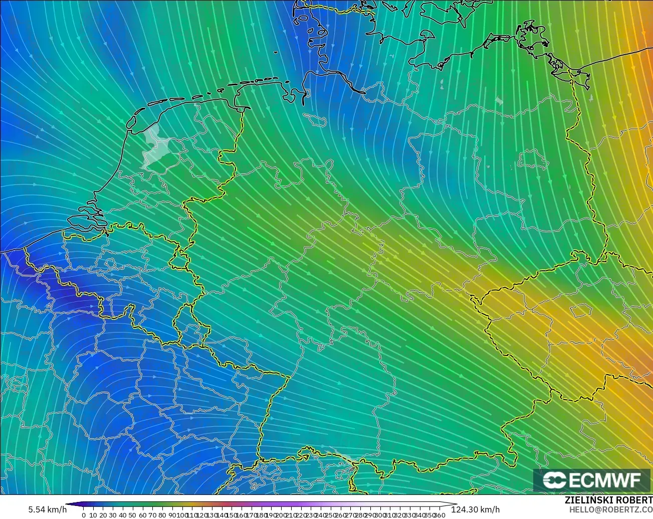 ECMWF IFS 0.25° モデル - ドイツ, 風速（300hPa）