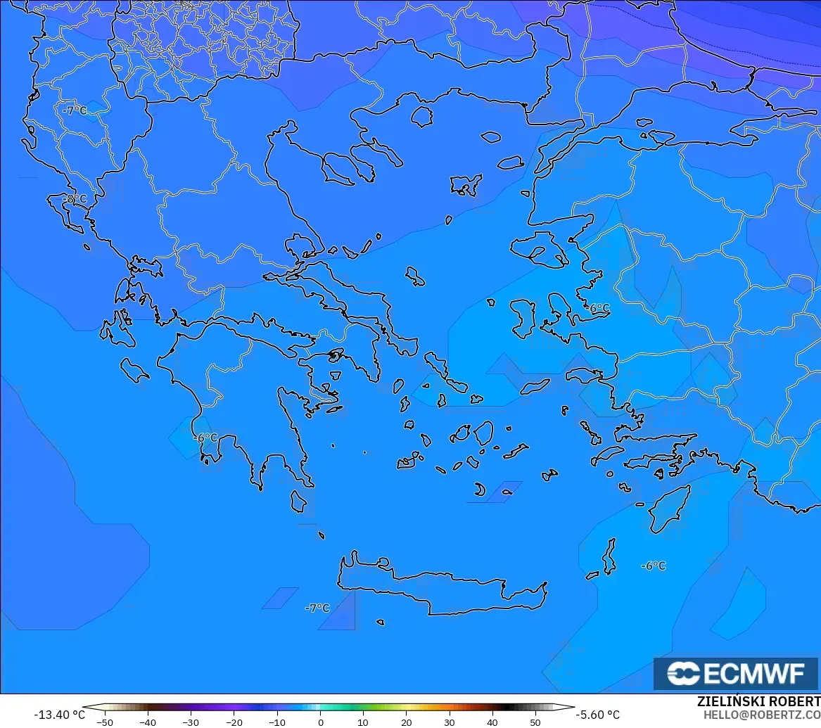 ECMWF IFS 0.25° モデル - ギリシャ, 気温（500hPa）