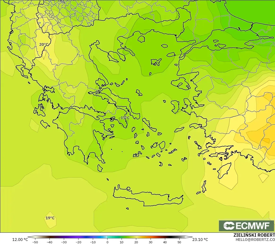 ECMWF IFS 0.25° モデル - ギリシャ, 気温（850hPa）