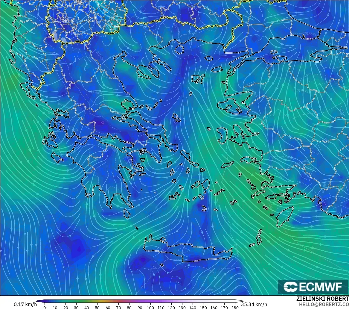 ECMWF IFS 0.25° モデル - ギリシャ, 風速（10m）