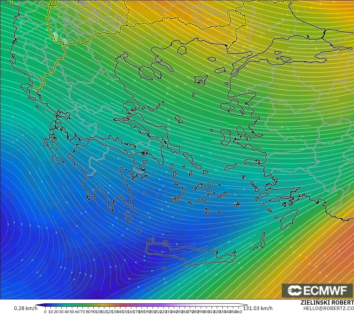 ECMWF IFS 0.25° モデル - ギリシャ, 風速（300hPa）