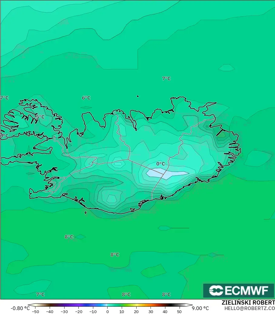 ECMWF IFS 0.25° モデル - アイスランド, 露点温度（2m）