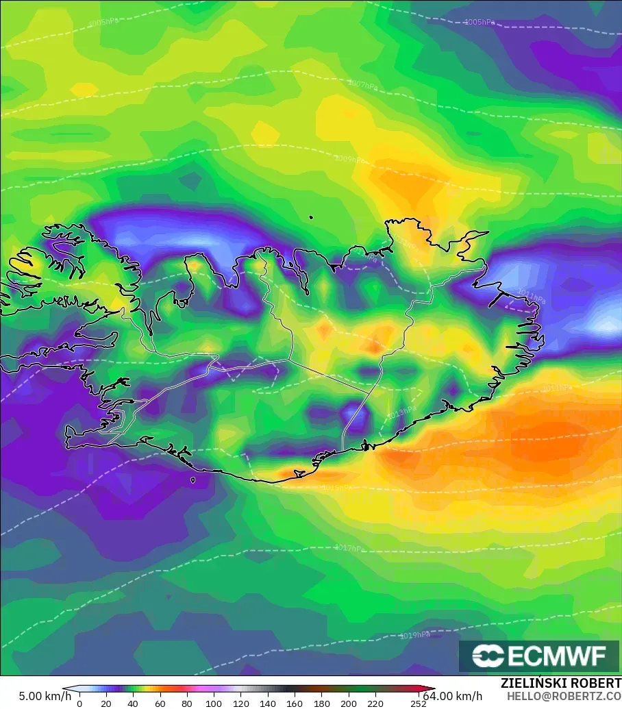 ECMWF IFS 0.25° モデル - アイスランド, 突風（最大）