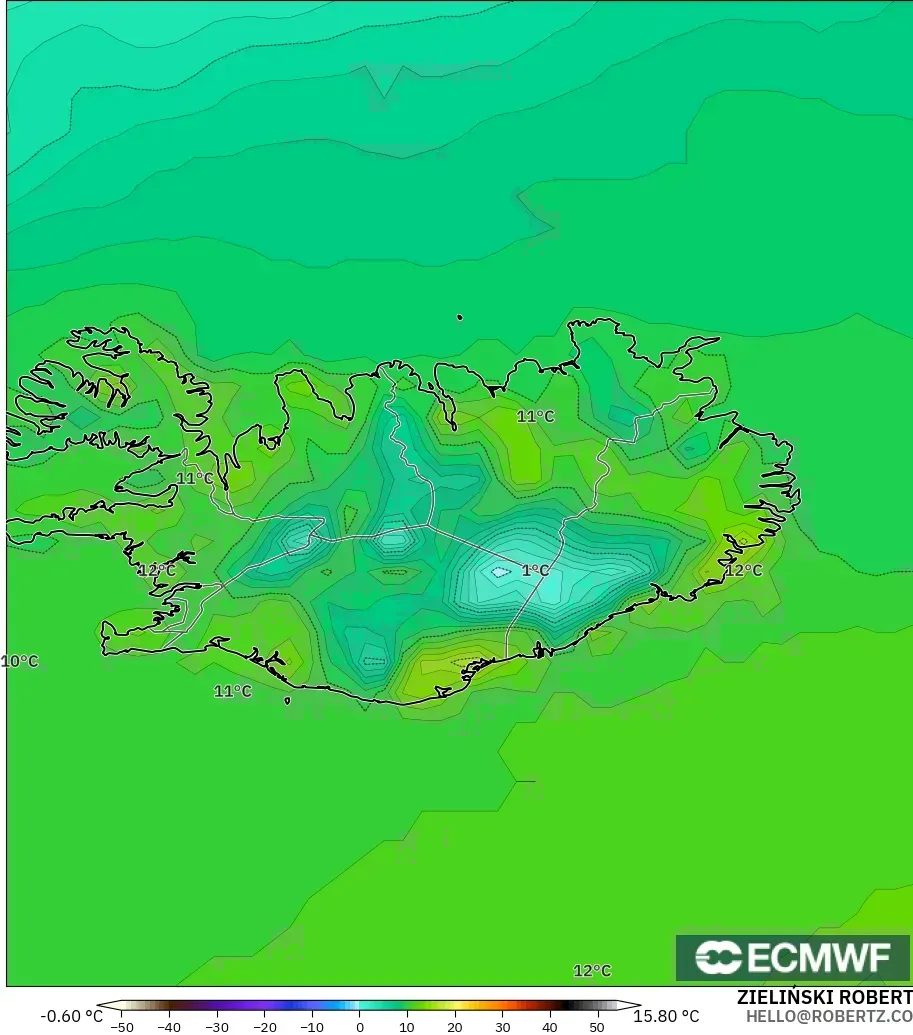 ECMWF IFS 0.25° モデル - アイスランド, 気温（2m）