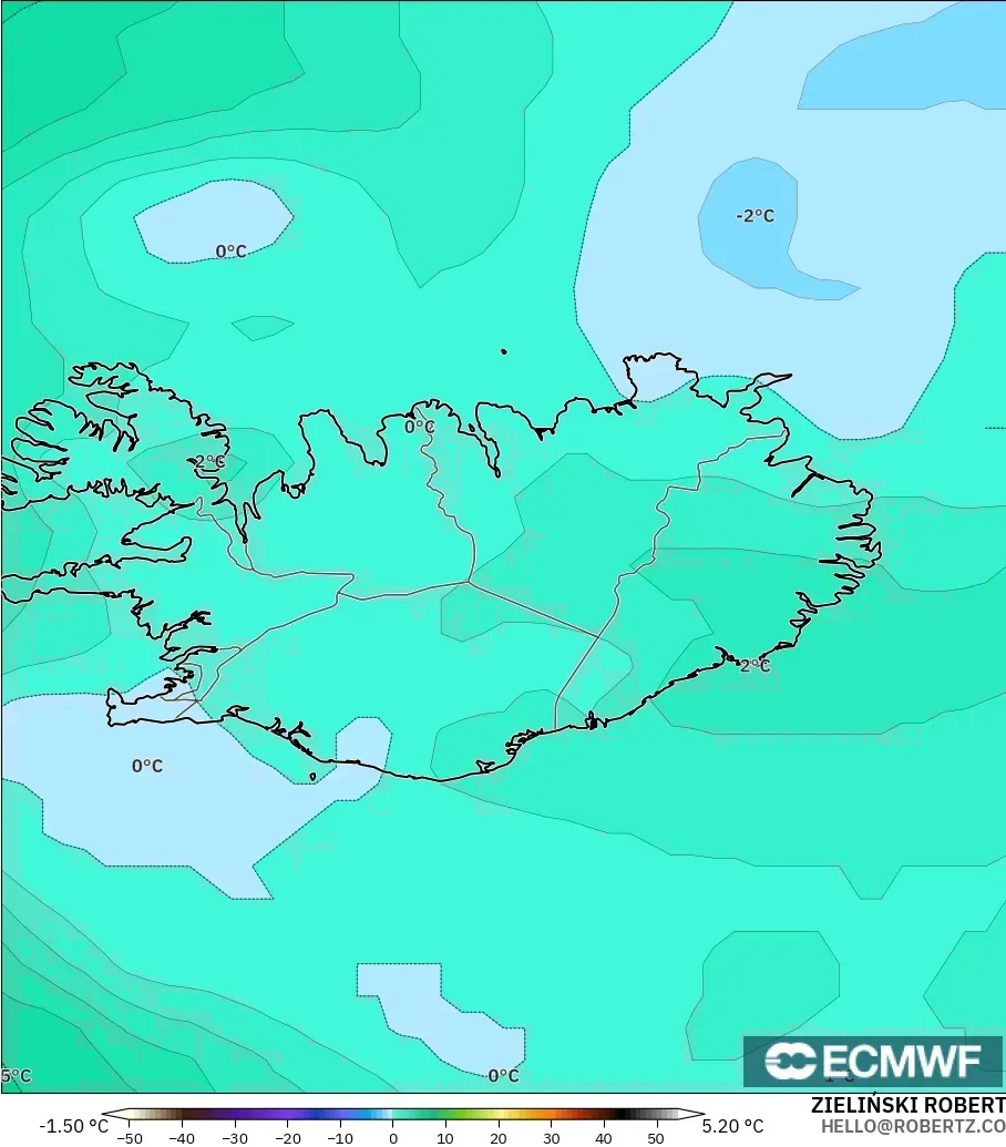 ECMWF IFS 0.25° モデル - アイスランド, 気温（850hPa）