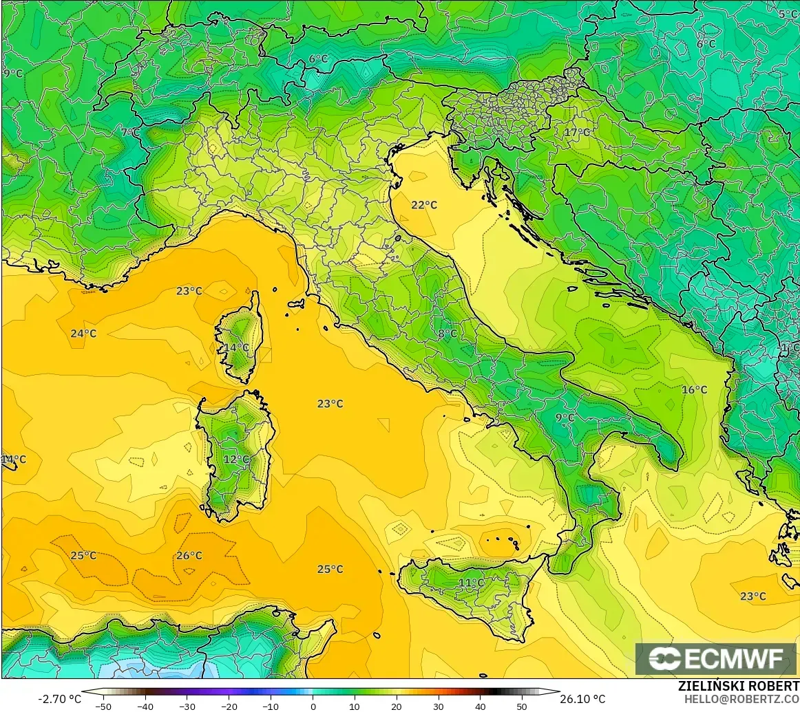 ECMWF IFS 0.25° モデル - イタリア, 露点温度（2m）