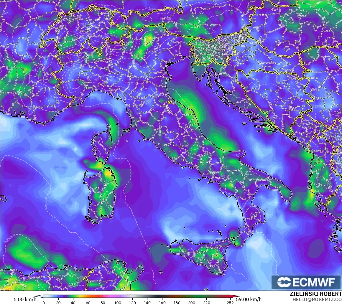 ECMWF IFS 0.25° モデル - イタリア, 突風