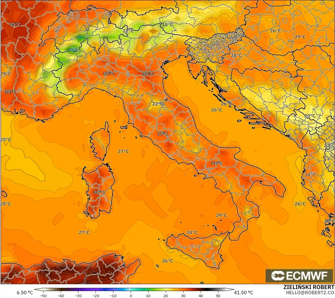 ECMWF IFS 0.25° モデル - イタリア, 気温（2m）