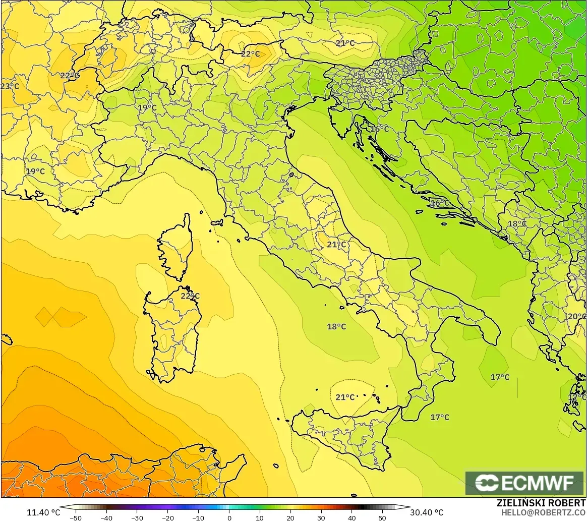 ECMWF IFS 0.25° モデル - イタリア, 気温（850hPa）