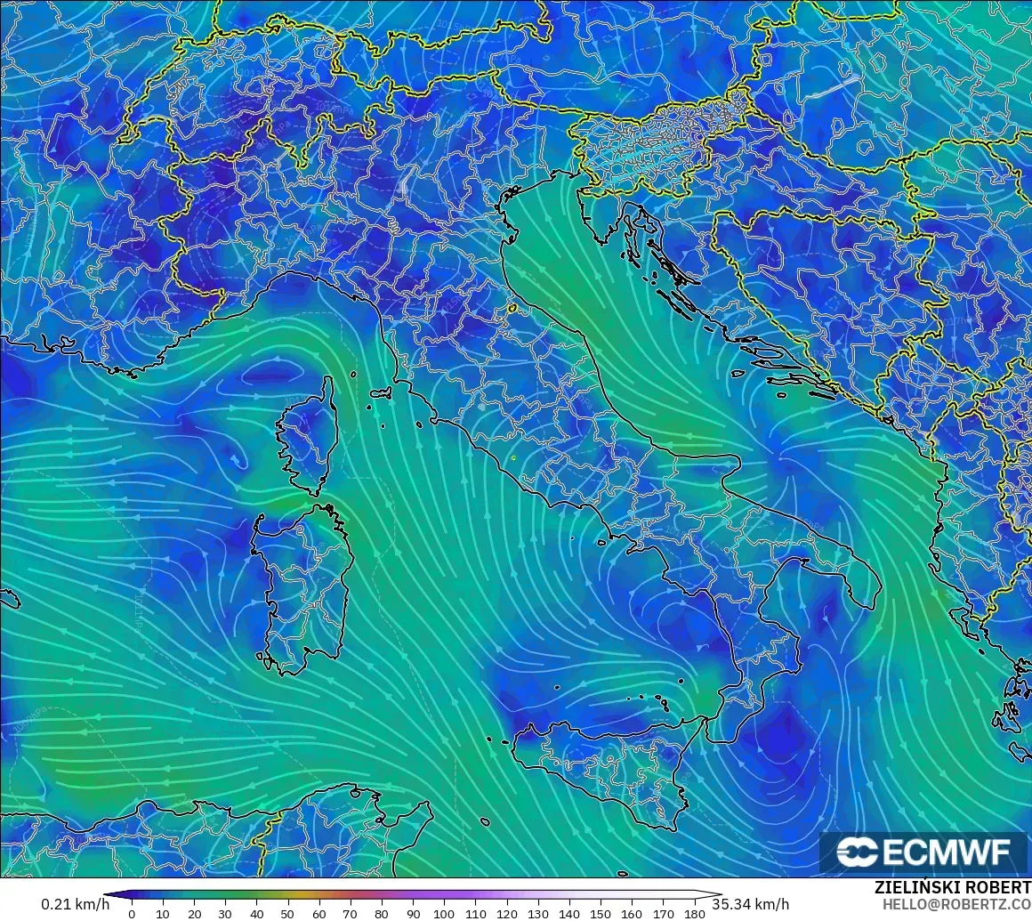ECMWF IFS 0.25° モデル - イタリア, 風速（10m）