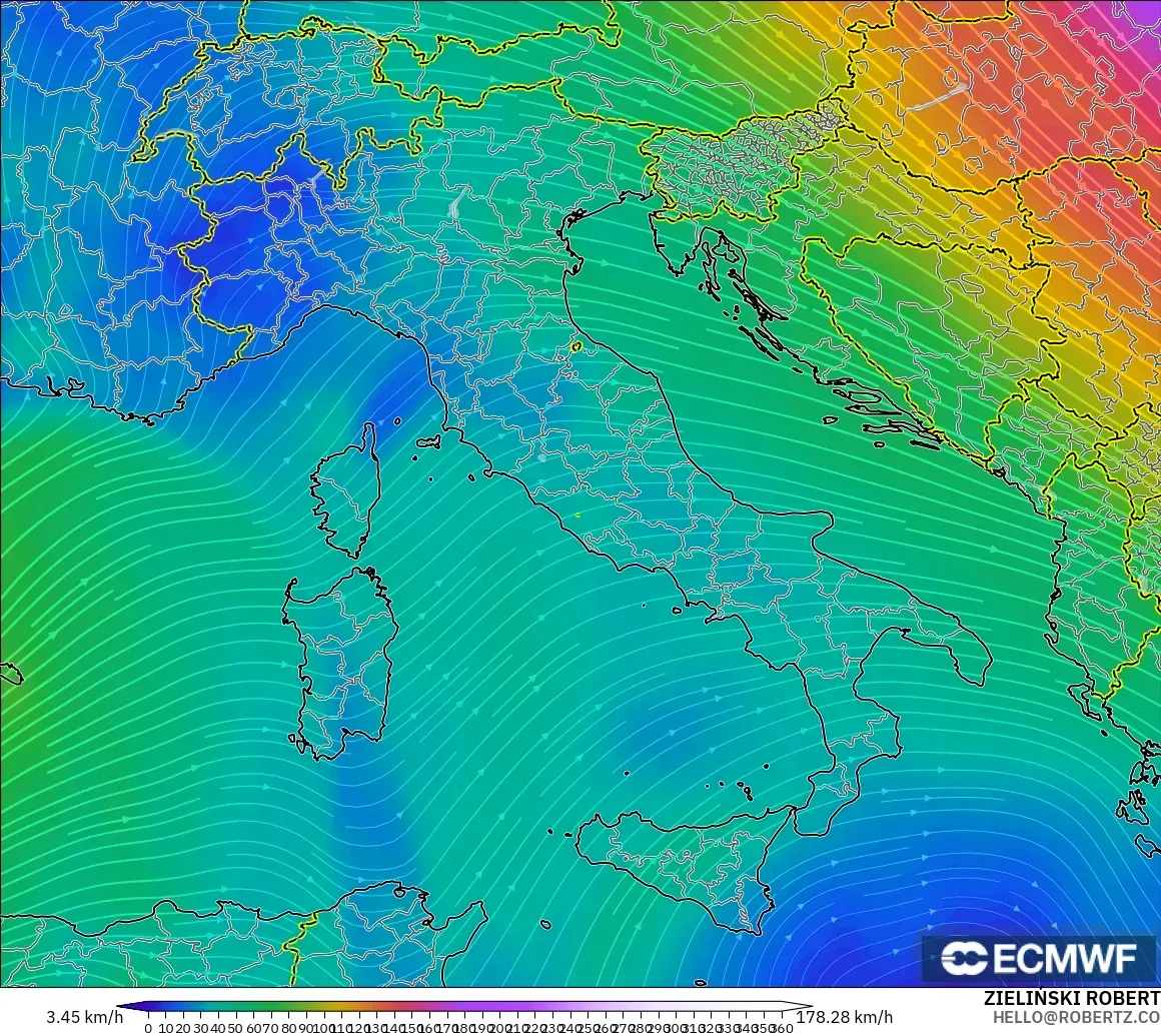 ECMWF IFS 0.25° モデル - イタリア, 風速（300hPa）