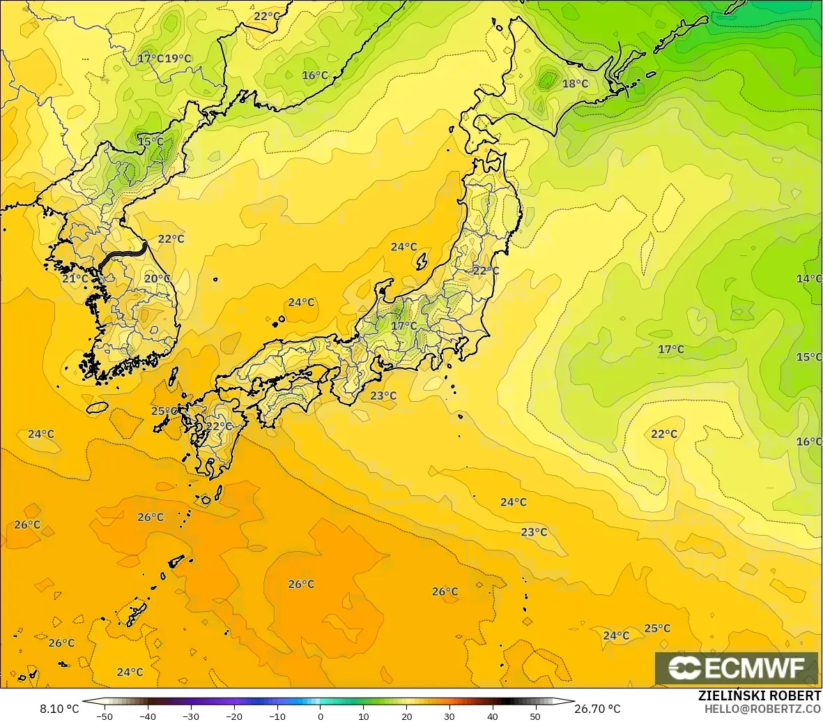 ECMWF IFS 0.25° モデル - 日本, 露点温度（2m）